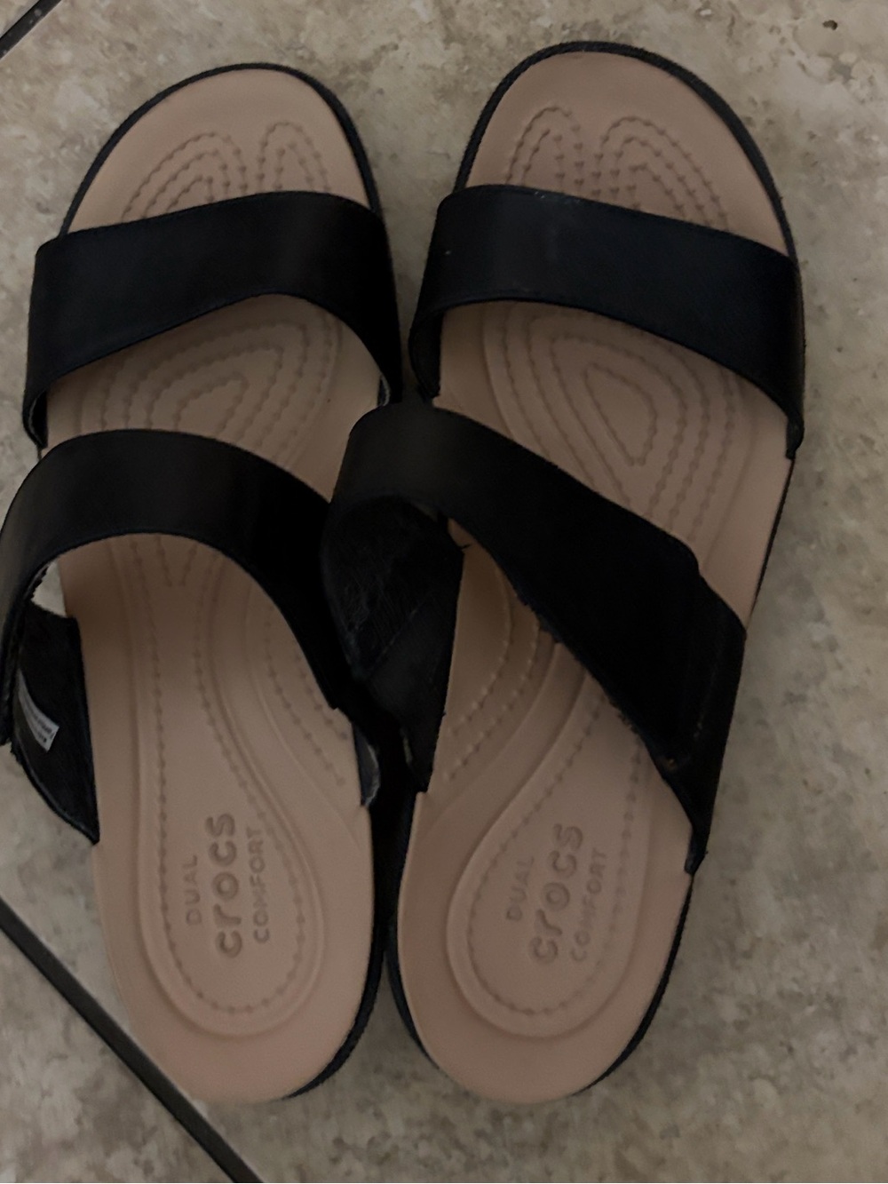 CROCS Two-Strap Slide Sandals in Black and Tan DUAL COMFORT